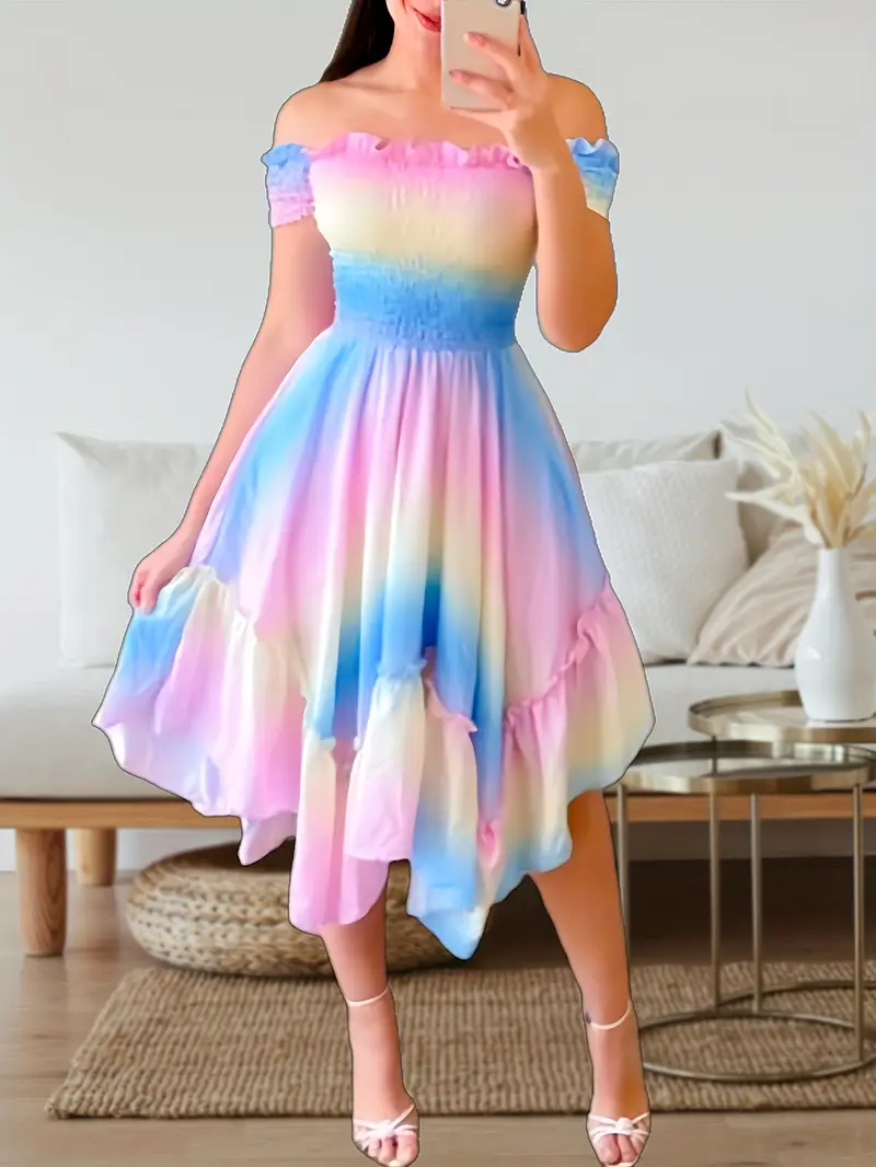 elegant shoulder colorful print midi dress shirred waist - Temu Bahrain elegant shoulder colorful print midi dress shirred waist - Temu Bahrain