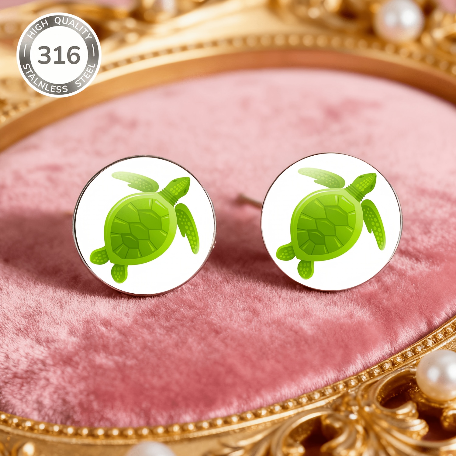 2pc Green Sea Turtle Non-Pierced Earrings Set, Fun Ocean Design