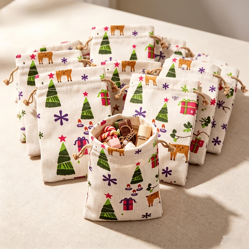 Christmas Drawstring Gift Bags with Vintage Tree & Reindeer Print