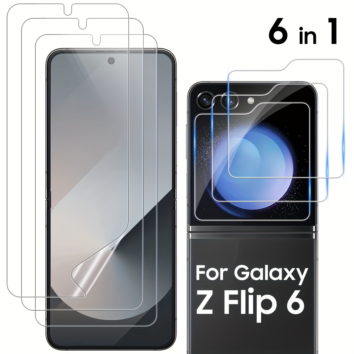 

For Samsung Galaxy Z Flip 6 Screen Protector, 3 Pcs Inside Flexible Tpu Film + 3 Pcs Front Tempered Glass, Hd Clear, No Creases, No Bubbles