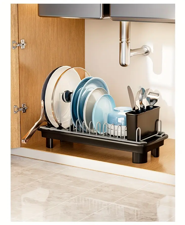 1pc dish drainer with drain tray under sink organizer for kitchen utensils pots pans cutting boards cups durable construction space saving countertop storage rack dish drying rack kitchen organization design kitchen accessory holder small Product details 9