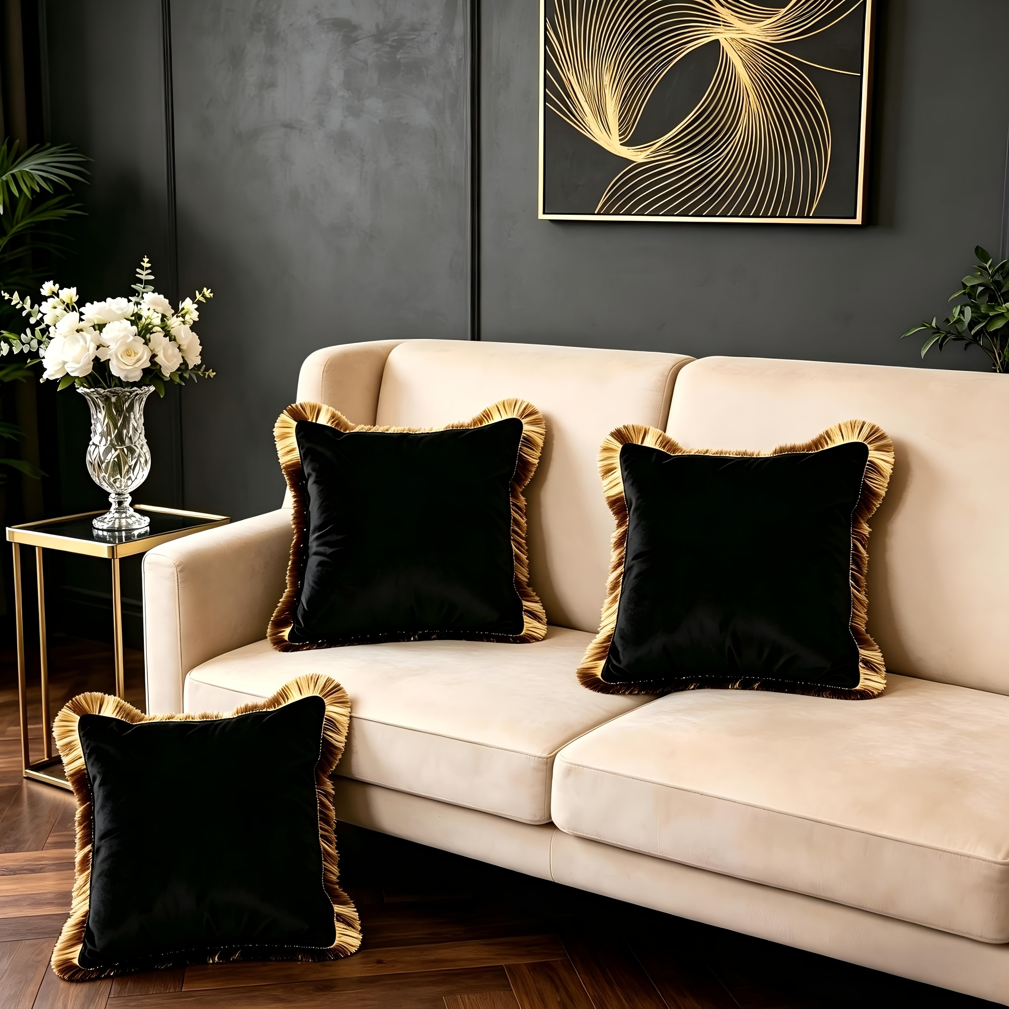 TEMU Lot de 3 housses de coussin de luxe en velours à franges, taie d'oreiller décorative pour canapé, franges noires et dorées haut de gamme,