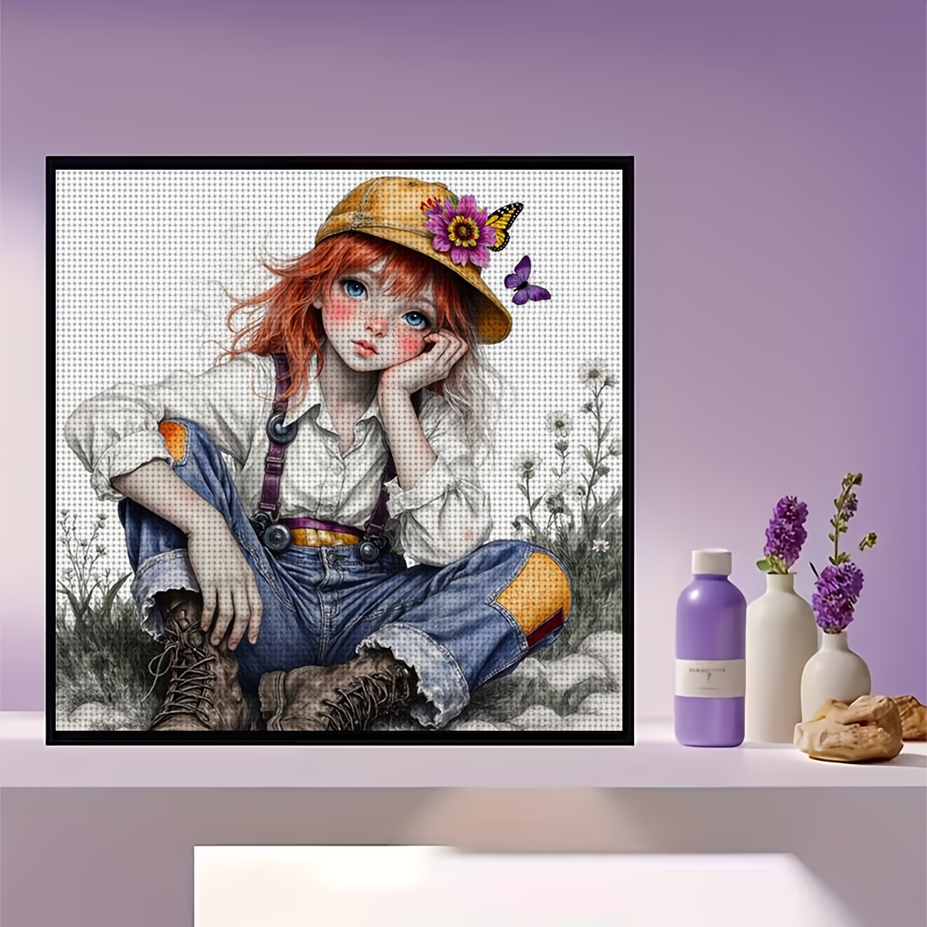 DIY Cross-Stitch Printed Kit, Red-Haired Child with Yellow Hat Pattern