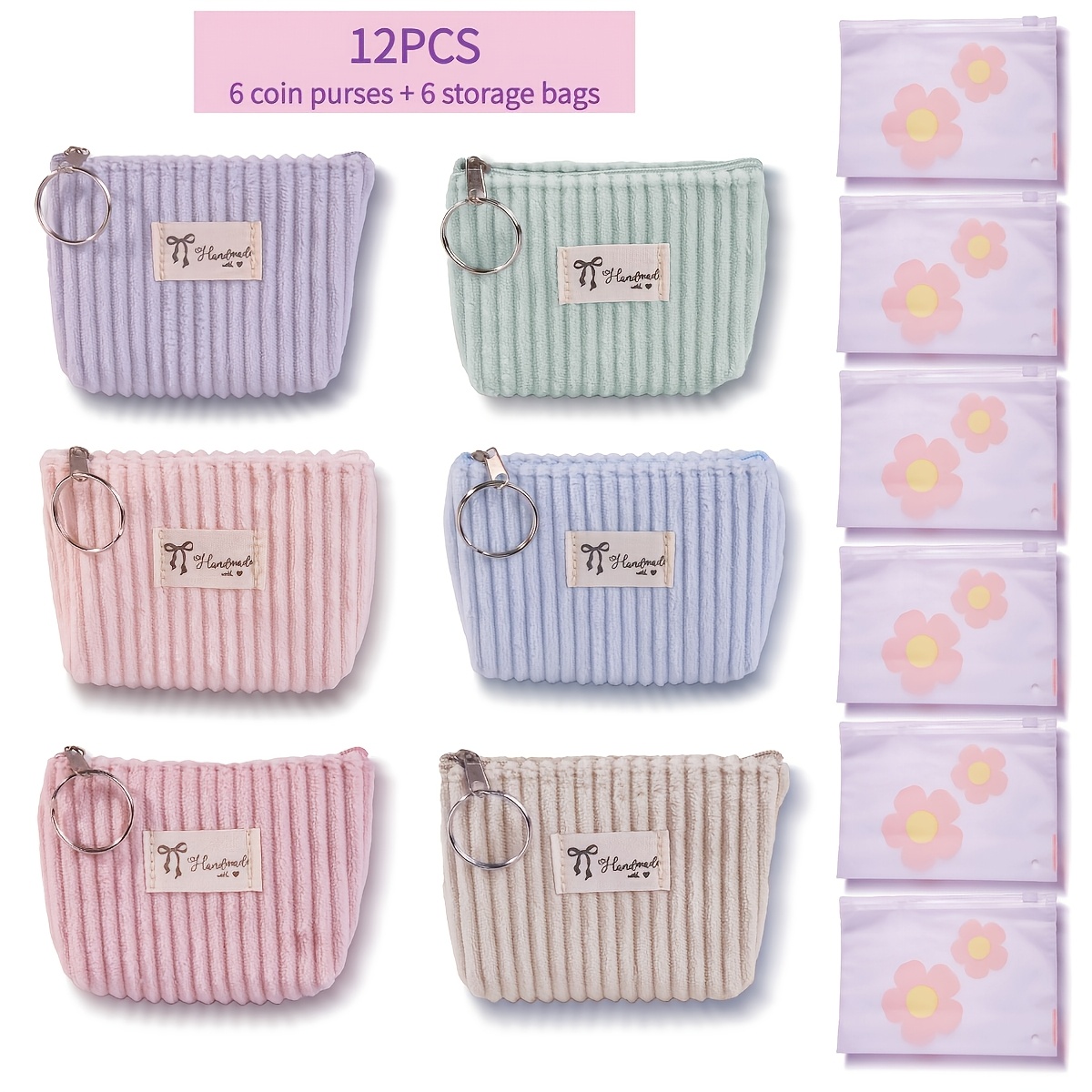 TEMU Travel Wallet 12pcs Set With Striped Fabric Tag Plush Coin Storage, 6 Zipper Coin Pouches With 6 Floral Print Storage Bags, A Handy Gift Set For