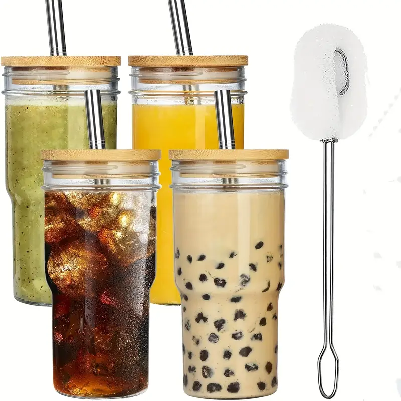 4pcs of 24 ounce glass cups with lids and straws cute cups drinking can set reusable glass water cups for making cold boiled juice mothers day gift christmas gift with with two cup brushes Product details 0