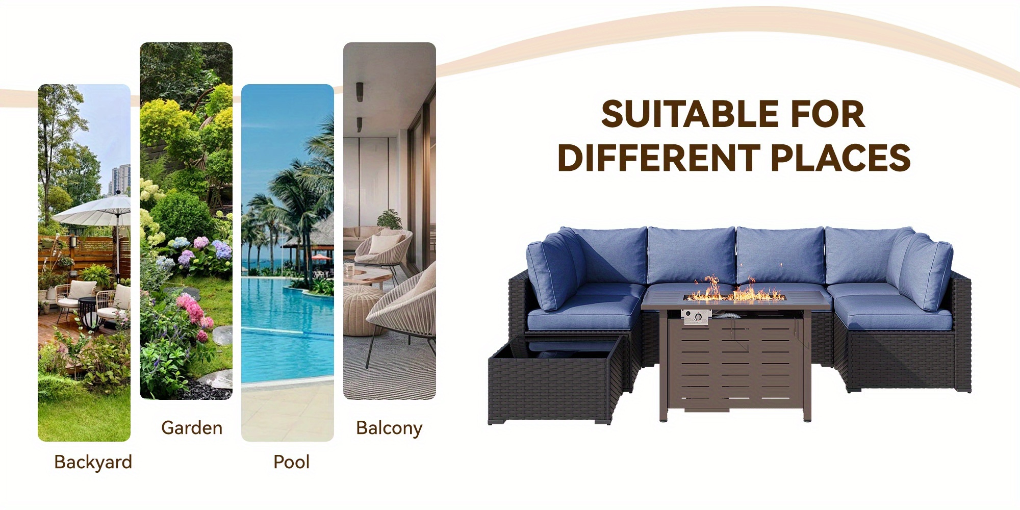 3 - 8pcs Outdoor Sectional Patio Furniture Set with Patio Umbrella/Outdoor Fire Pit | L-Shaped Wicker Rattan Conversation Set | 4