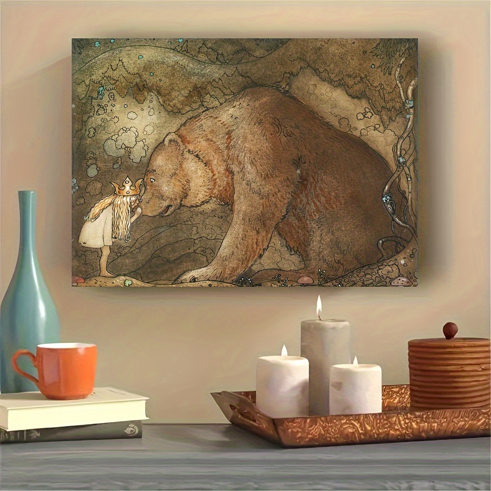 

Vintage Bear And Little Girl Painting Animal Artwork Fairy Tale Classic Poster Art Wall Home Decor Room Decor Canvas Poster Wooden Frame - Thickness 1.5inch