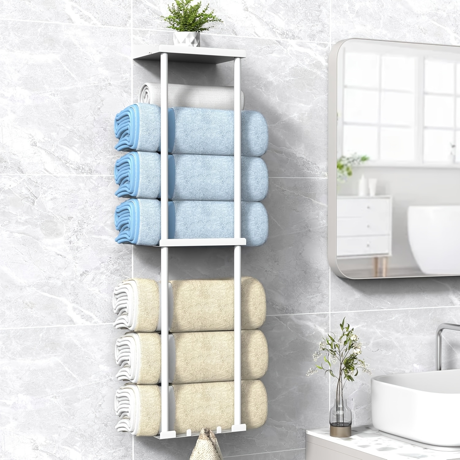 Image of Wall Mounted Towel Rack For Bathroom, White Towel Storage Organizer With Top Shelf, Rustproof Space Saving Towel Holder For Small Bathroom