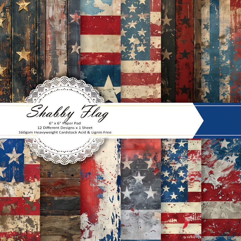 

12pcs Shabby Flag Cardstock, Mixed Color Paper, 6x6 Inch Decorative Scrapbooking Set, Americana Patterns, Craft Supplies With For Diy Albums & Gift Wrapping