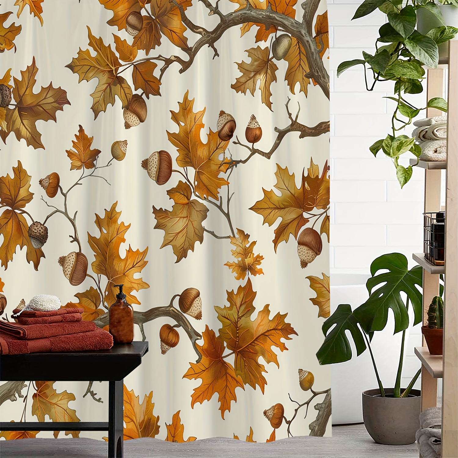 

Ultimate Waterproof Autumn Leaves And Acorns Shower Curtain With 12 Hooks - 72"x72" (183cmx183cm) - Machine Washable, Artistic Design, Viscose Fabric, Woven Construction