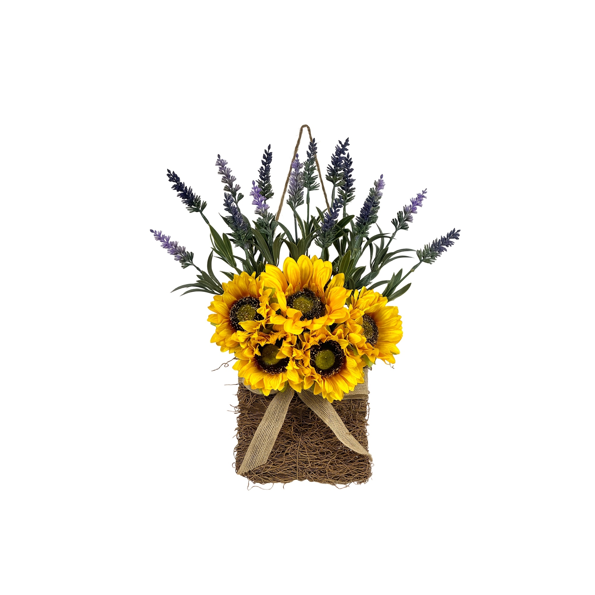 TEMU 1pc Realistic Silk Sunflower & Lavender Basket With Veined Foliage - Wall-mounted Suitable For Door Hanging Decor, Holiday Decoration For