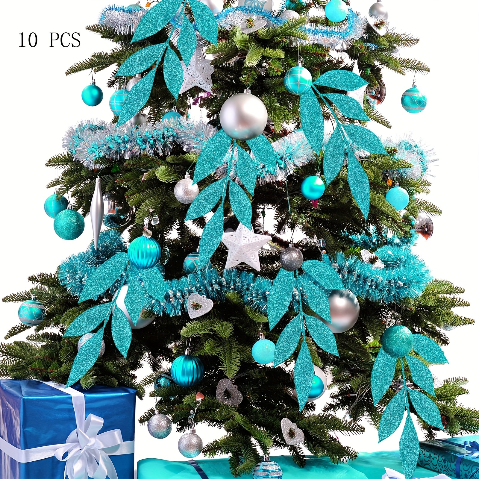 TEMU 10pcs, Christmas Decoration Artificial Glitter Leaves Spray Tail Leaf Decoration Garland Valentine's Day Wedding Anniversary Flower Arrangement