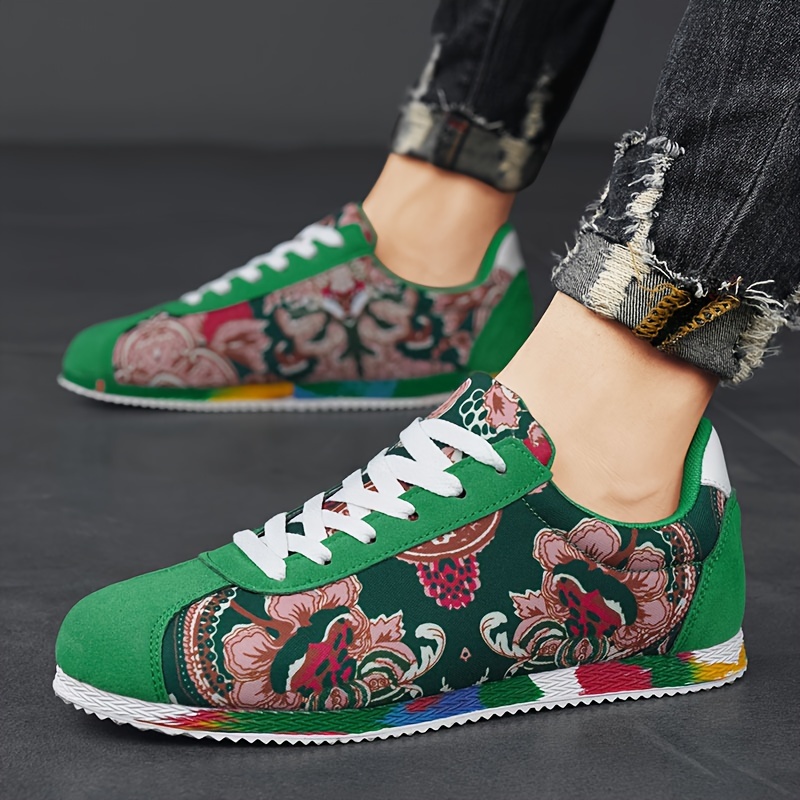 mens ethnic style floral pattern sneakers comfy non slip durable lace up vintage shoes mens footwear details 2