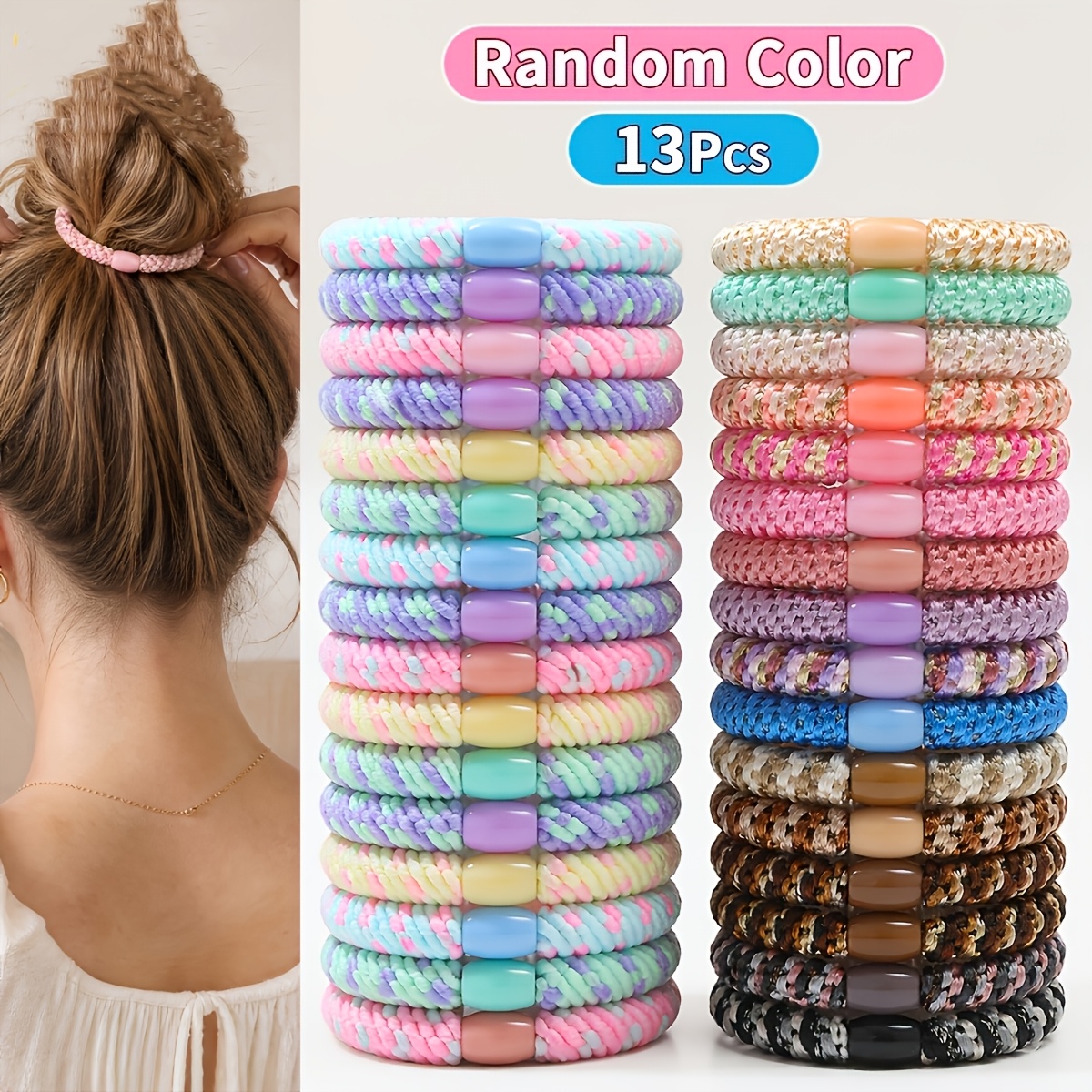 TEMU Lot de 13 élastiques à cheveux simples très élastiques multicolores pour femme, attaches de queue de cheval colorées pour la coiffure, adaptées