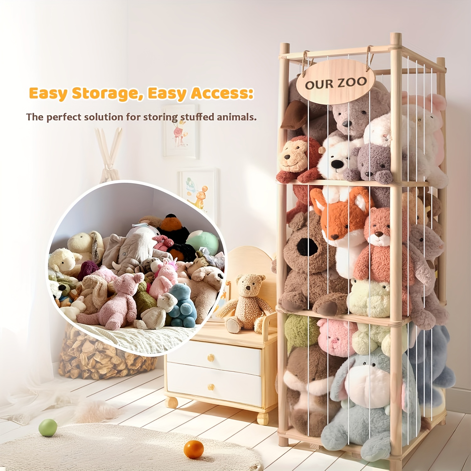 TEMU Stuffed Animal Storage: Wood Stuffed Animal Zoo, Stuffed Animal Holder With Mesh Net, Plush Toy Organizer Tube With Brake Wheels, Space Save