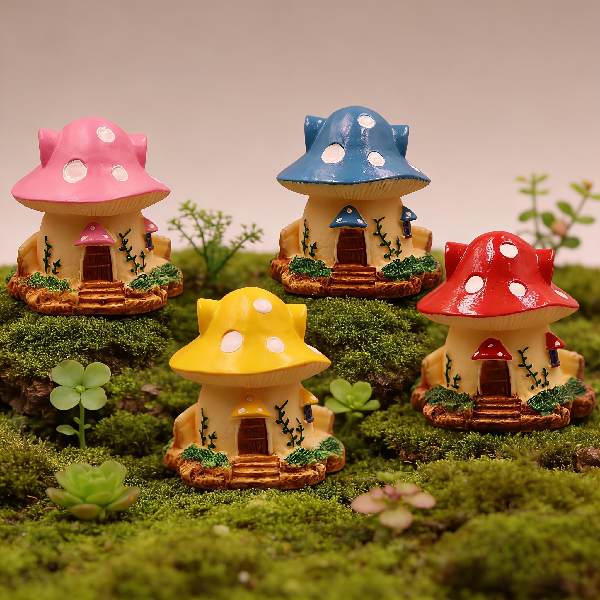 Image of 4pcs Set Of Fairy Garden Mushroom House Statues, Resin Decorative Crafts, 4 Colors In 1 Set, Suitable For Moss, Potted Plants, Tabletop Decor, Or Use With Garden Planters