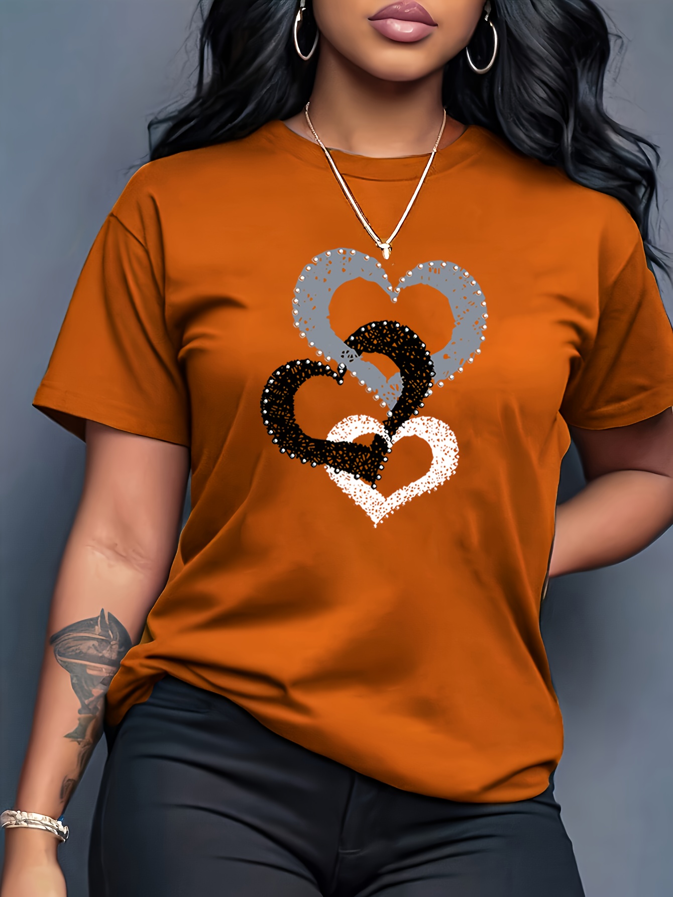 T-shirt Cœurs Femme Col Rond T-shirt pour femme à col rond et manches courtes, décontracté, sportif et tendance, avec imprimé graphique de lettres