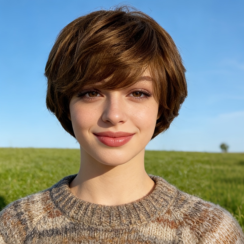 TEMU Bob Wigs With Straight Hair And Bangs, Featuring 180% Density, In Brown Shade. Ideal For Women And Unisex, Made From Synthetic Heat-resistant