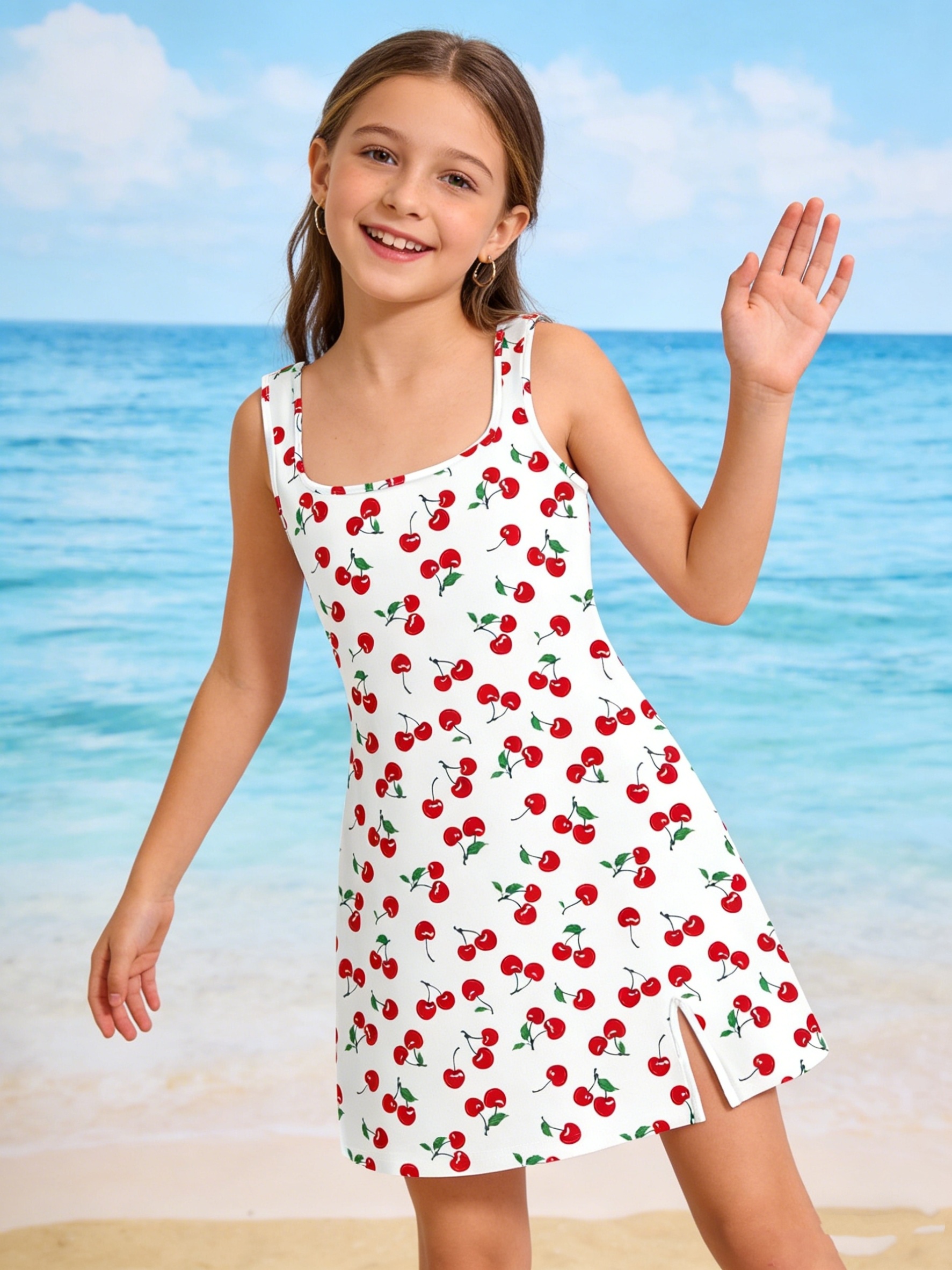 girls teen cherry print camisole dress square - Temu Mauritius