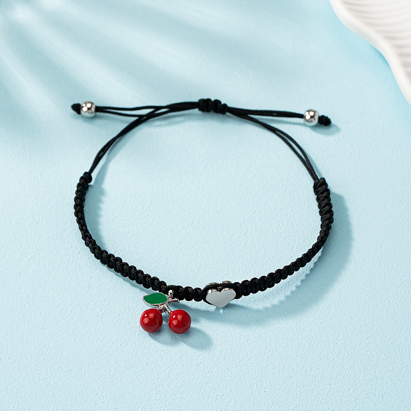 TEMU Adjustable Women's Alloy Enamel Cherry Heart Braided Bracelet For European Style Party, Travel, And Casual Attire Holiday Gift