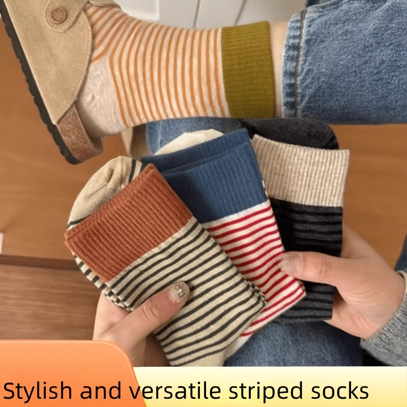 

4pairs Spring And Autumn New Mid-calf Socks Striped Pile Socks And Winter Retro Trendy Striped Color-mixing Long Socks