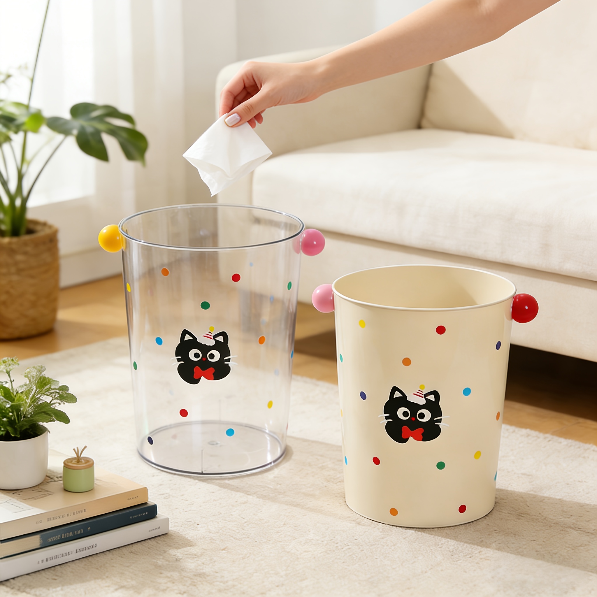 round trash can with cute cat stickers waste paper collection bin suitable for kitchen bedroom office Product details 0