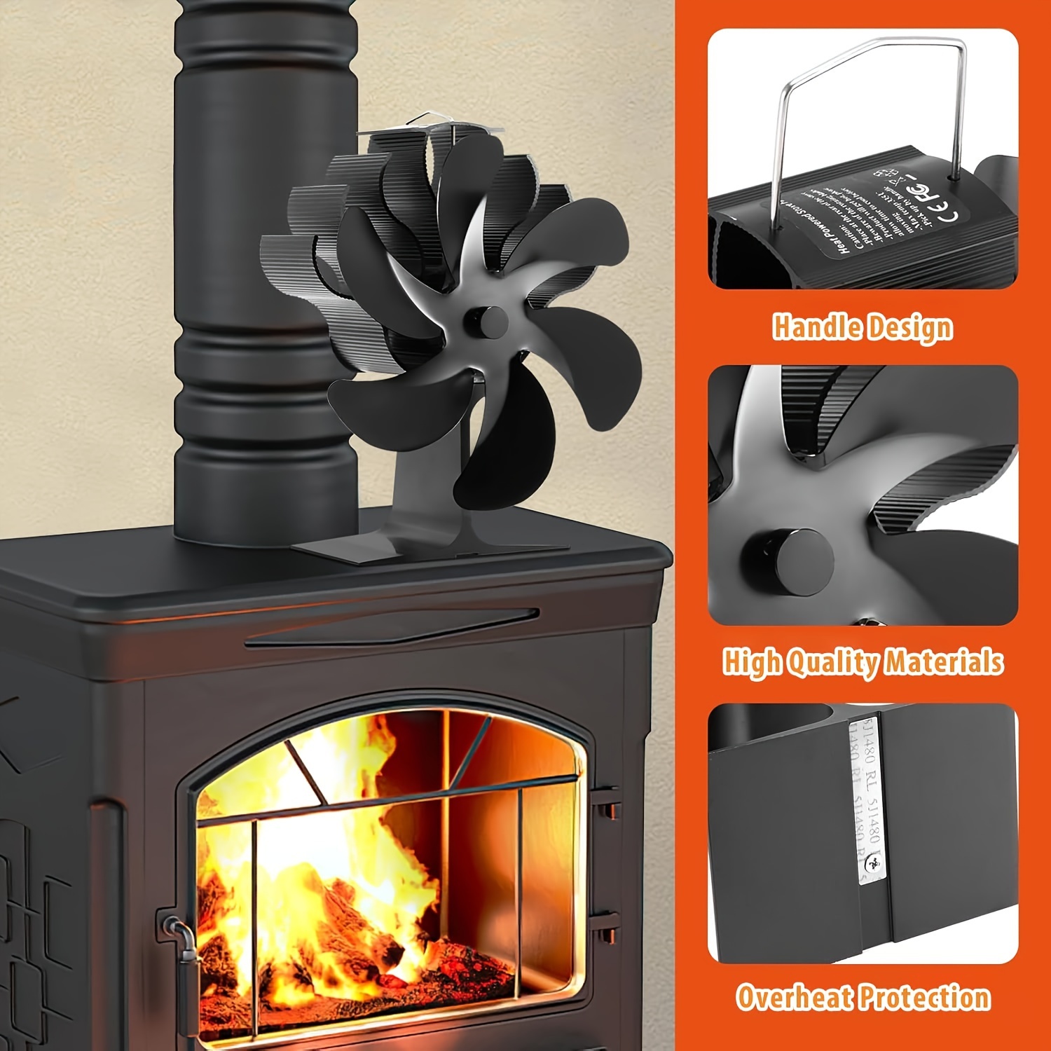 silent heat powered wood stove fan with large log burner fireplace