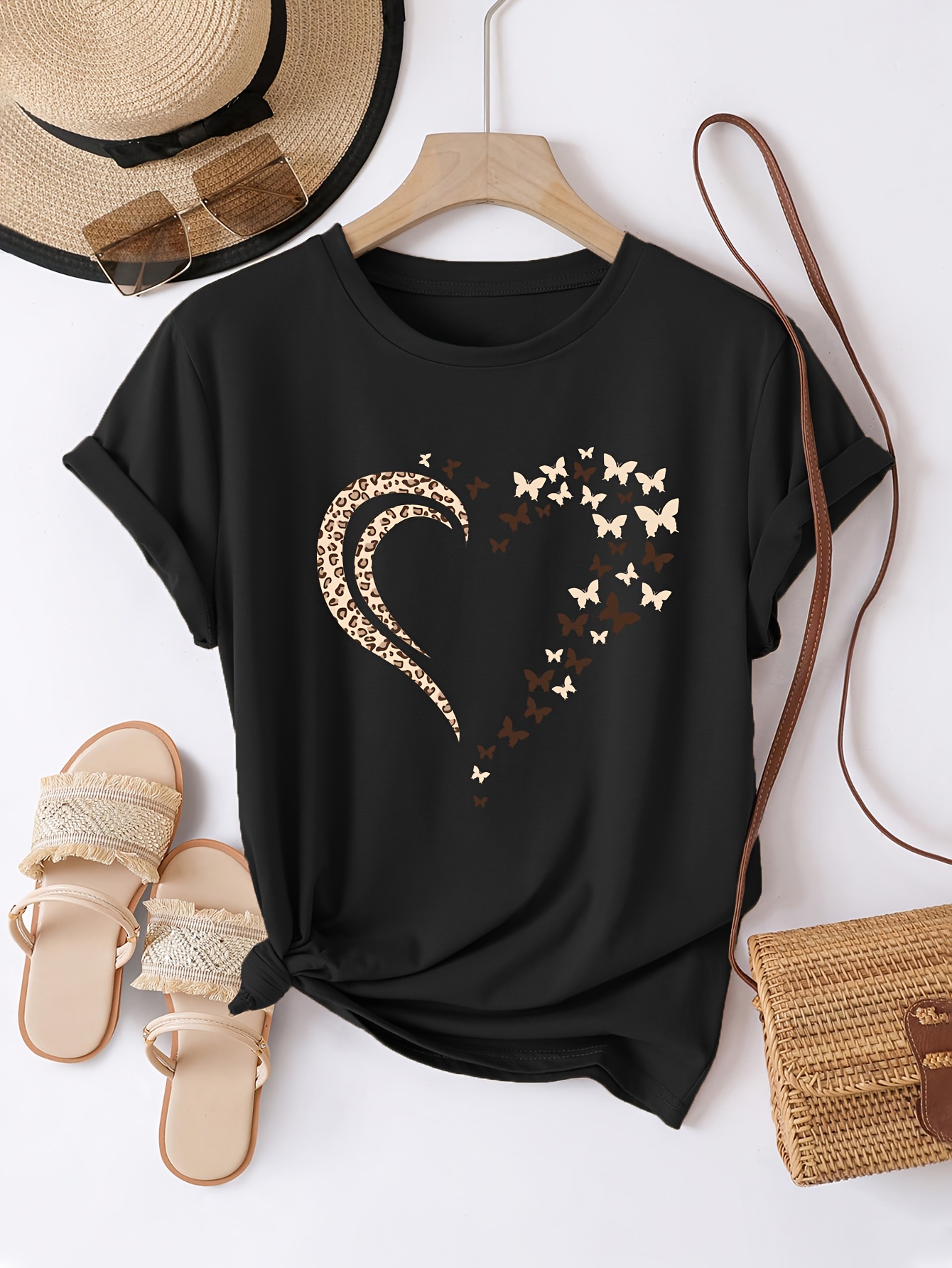Casual Crew Neck Short Sleeve T-Shirt, Women'S Polyester Basic Round Neck Pullover, Heart Butterfly Pattern, with Slight Stretch, Regular Length and H Fit