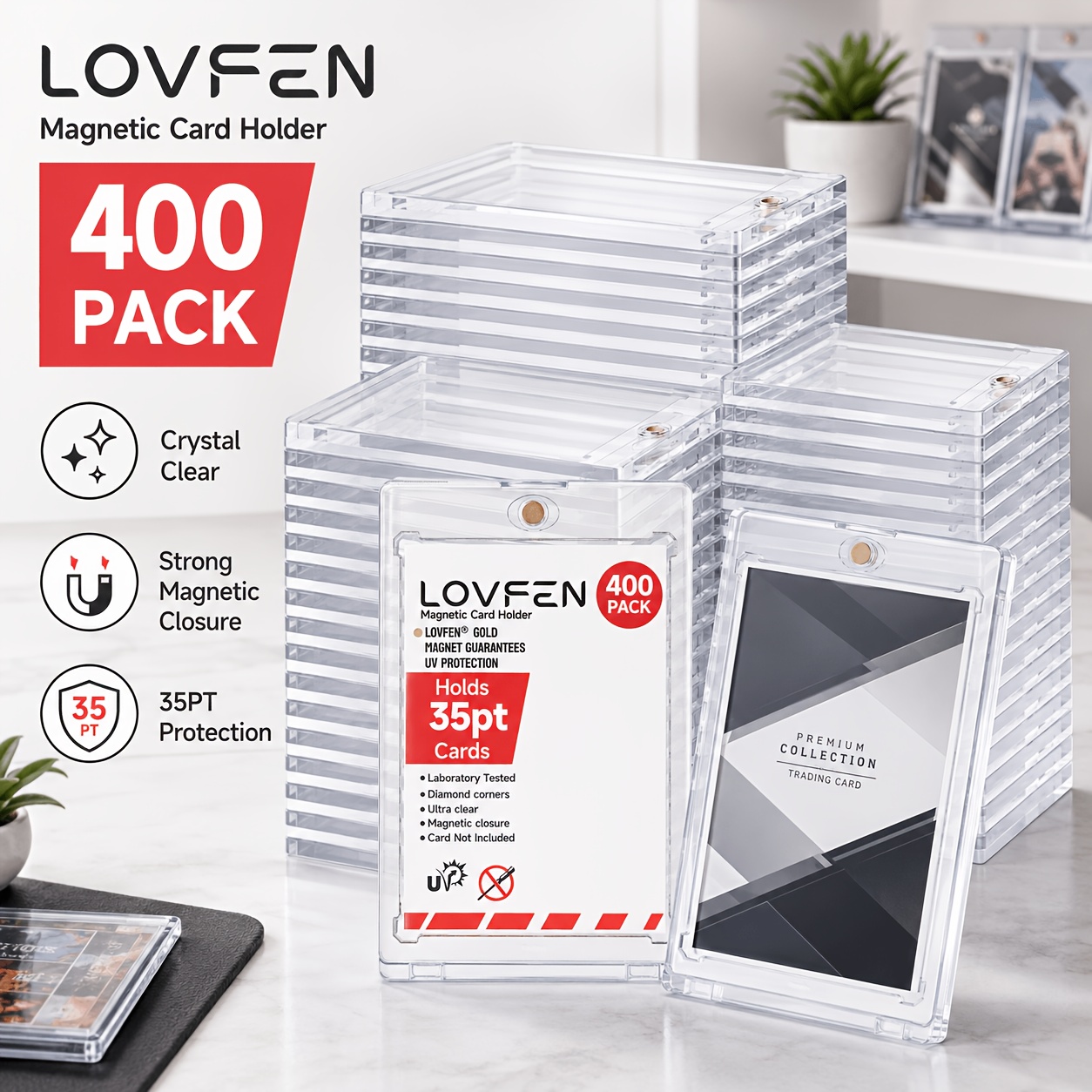 Image of Lovfen 400ct Magnetic Card Holder, 35pt Holders, Hard Plastic Card Protectors, Magnetic Card Boxes For Sports Cards, Baseball Cards, Trading Cards, Standard Card Display Boxes