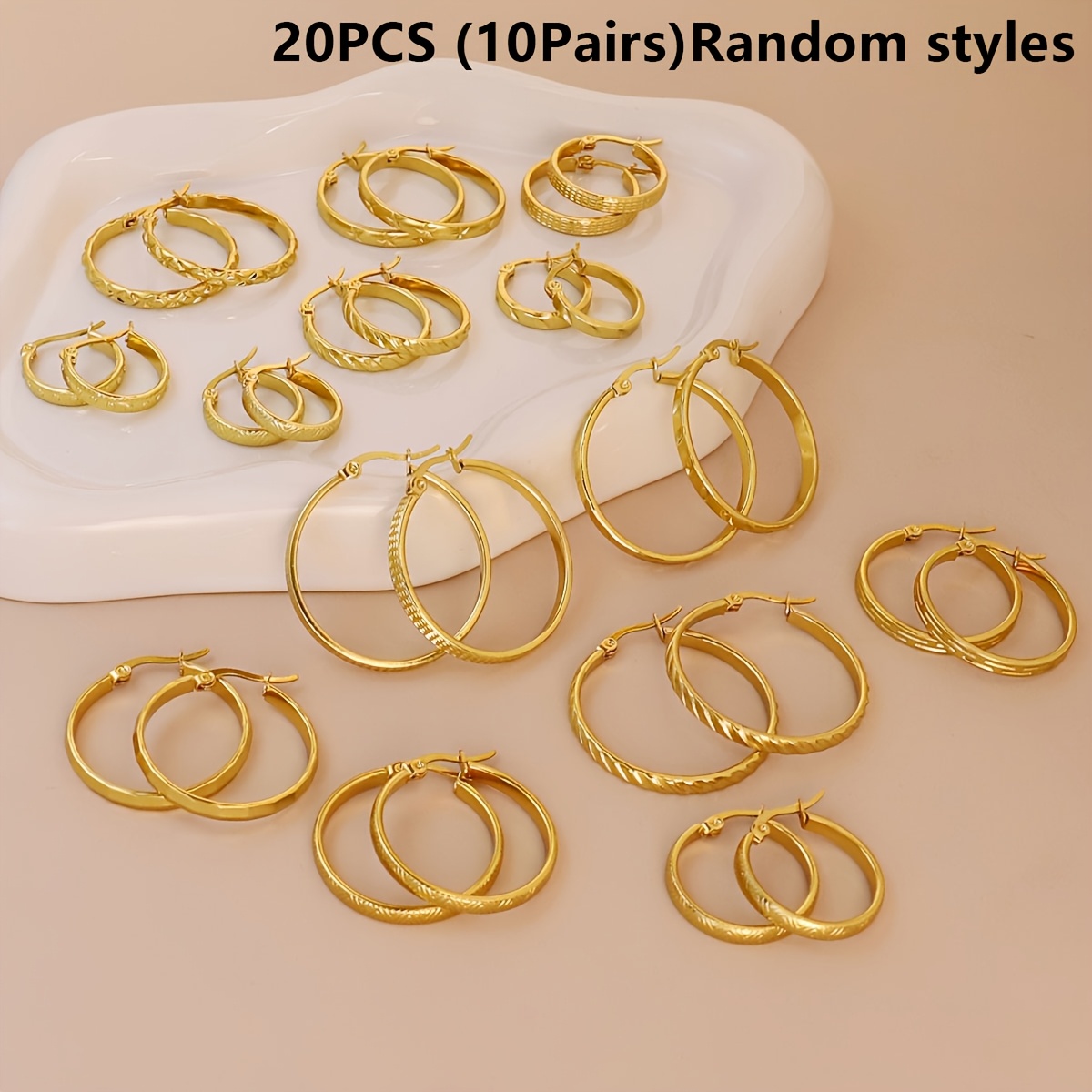 TEMU 10/set (random) (5 Pairs) Or 20/set (random) (10 Pairs) 316 Steel Golden Round Embossed Ring Earrings, Various Styles Of Earrings , Suitable For
