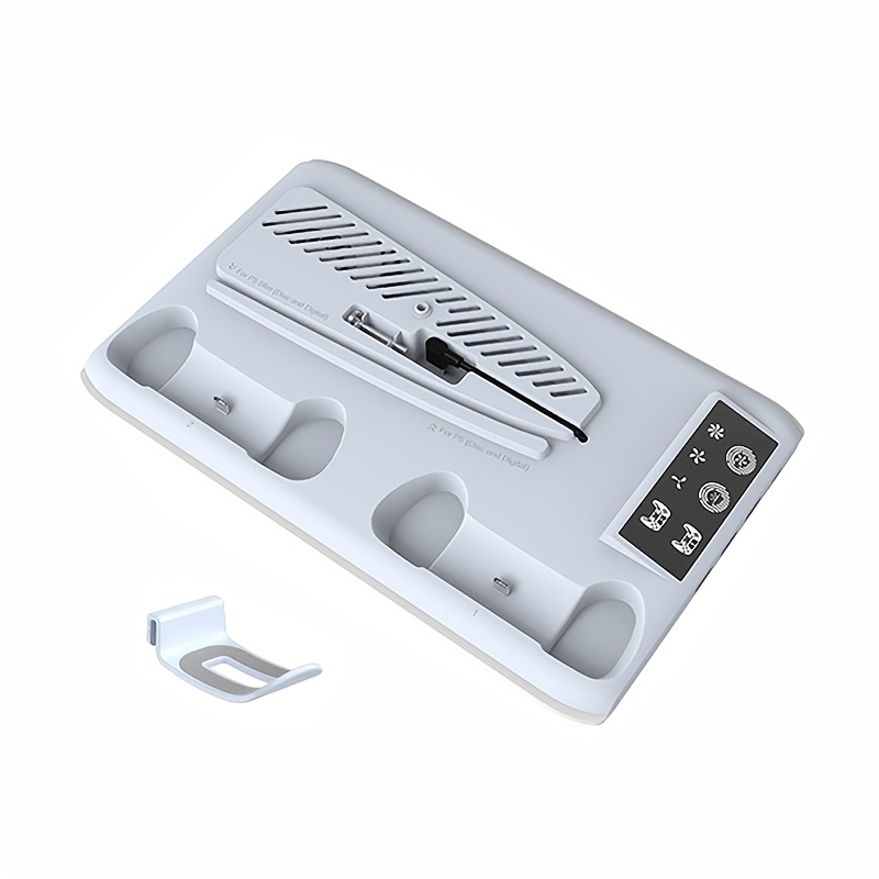 Hladilni ventilator za konzolo PS5/PS5 Slim/, polnilna postaja za dva krmilnika z RGB lučjo in kavljem za shranjevanje slušalk ter 3-nivojskim