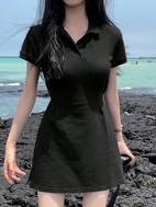 womens navy blue casual collar dress short sleeve button up a line mini skirt spring machine washable beach attire smooth texture fabric
