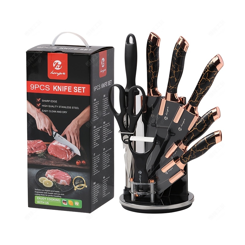 TEMU 9pcs Kitchen Knife Set With Cooking Scissors, Grinding Rod, Knife Holder, Stainless Steel Kitchen Knife Set, Storage Table Set, Kitchen Knife