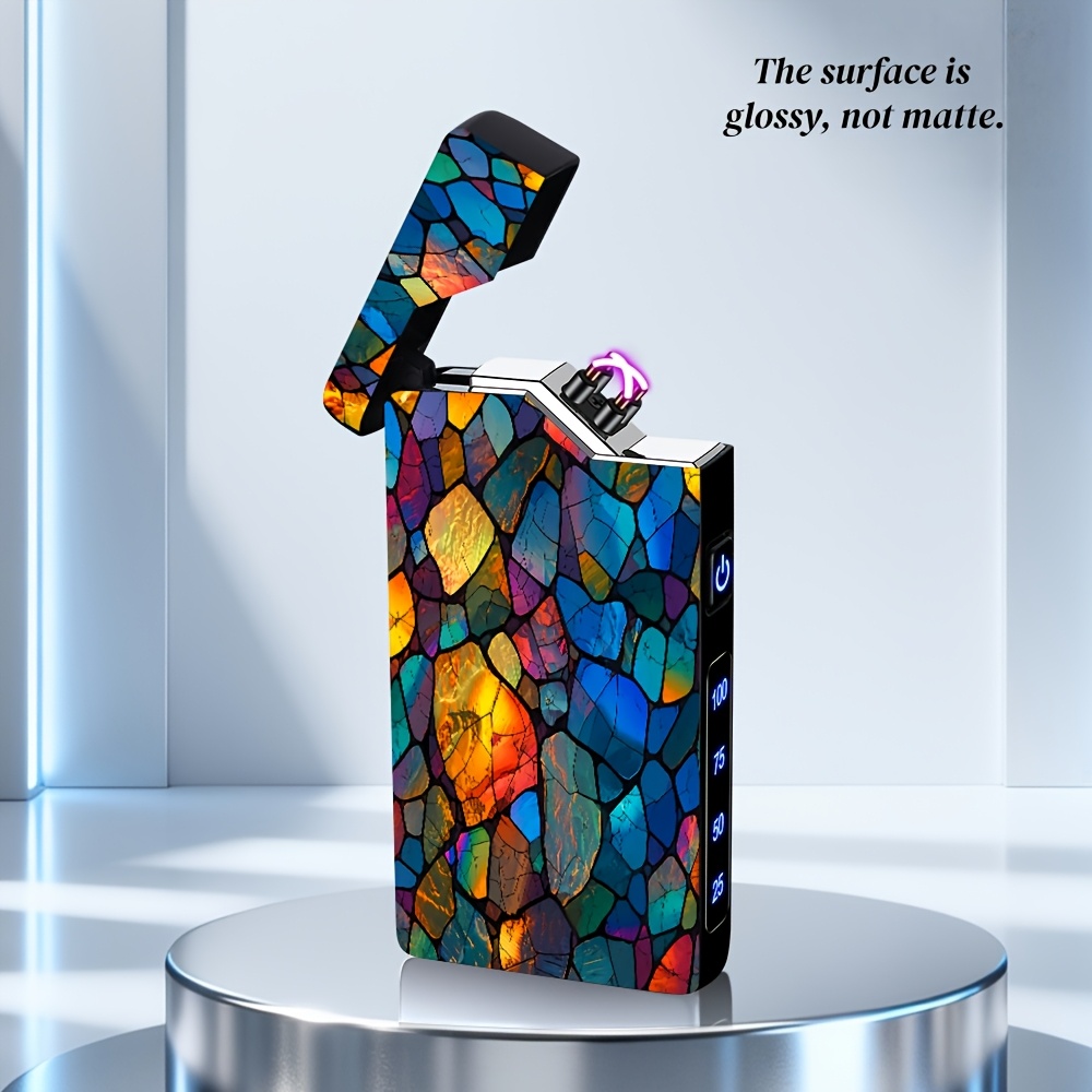 TEMU 1pc Ornate Stained Glass Pattern Electronic Lighter, No , Windproof Dual Arc, Usb-c Rechargeable, With Power Display, Usable In High Outdoor