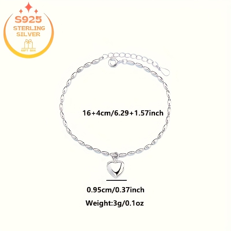 925 Silver Heart Pendant Bracelet Gift for Her