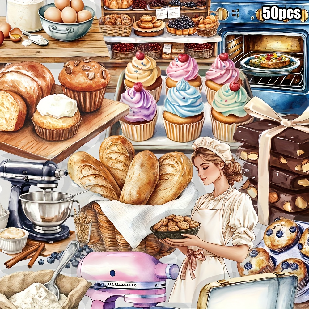 50pcs Baking Theme Stickers For Use In Diaries, Suitcases, Desktops, Kitchens, And Refrigerator Decorations.