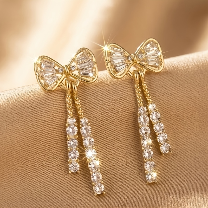 TEMU 1 Pair Exquisite Elegant Bow Long Tassel Earrings, Sparkling Sweet, Suitable For Women's Banquets And Parties, Vacation Dates, Or Holiday Gifts