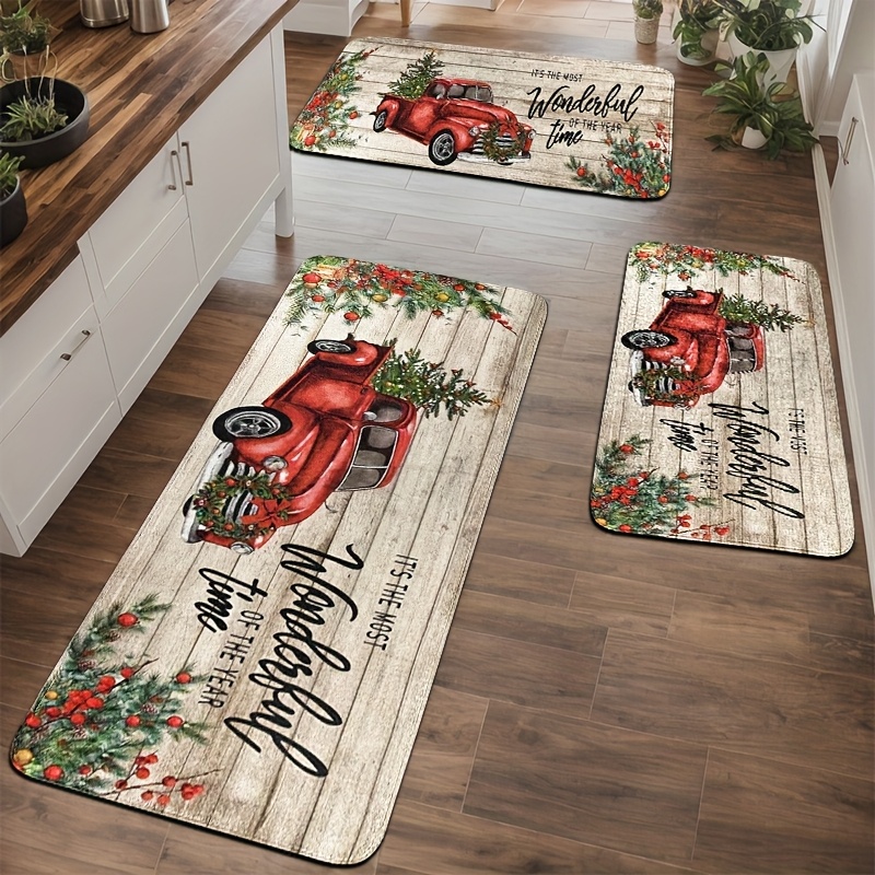 1/2/3pcs Truck Floral Kitchen Carpet Set - Non-slip Soft Flannel Mat With & Green Foliage Design, Machine Washable Pvc Backing