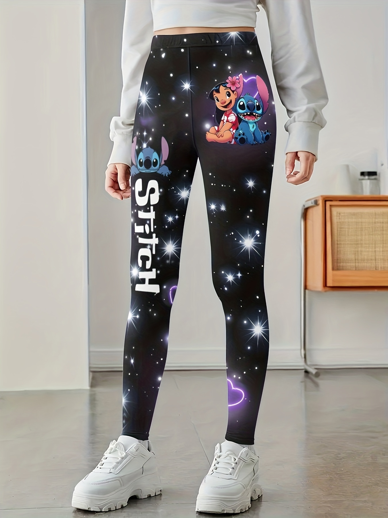 {} Stitch Girls Fashion Yoga Pants - Cartoon Print, Breathable and Comfortable, Casual Yoga Pants with Elastic Waistband, Great for Running Fitness, Girls Clothing, Girls Trousers, Perfect Choice for Outdoor Wear, Perfect for Outdoor