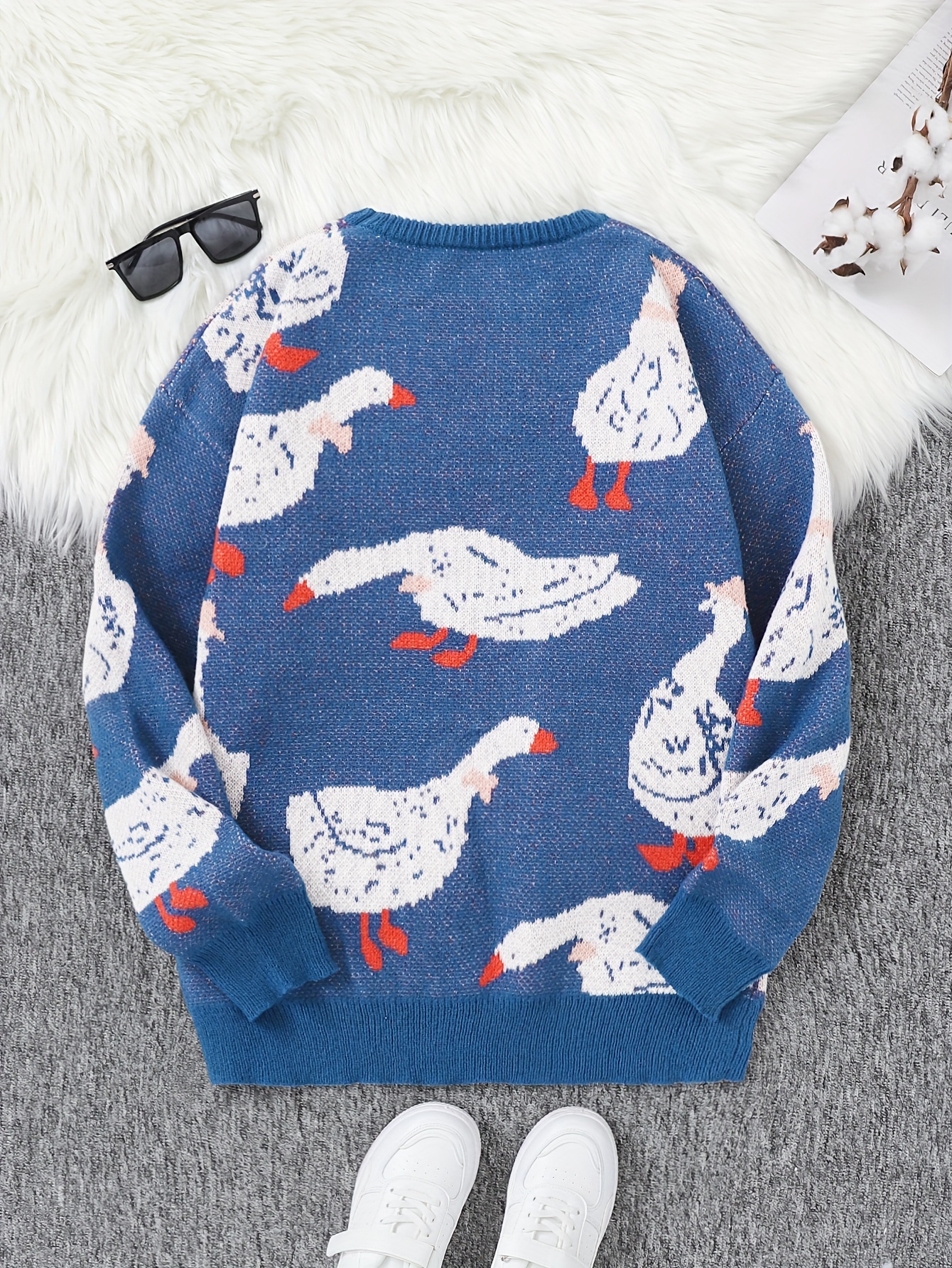 mens casual duck print sweater brown white contrast red Temu