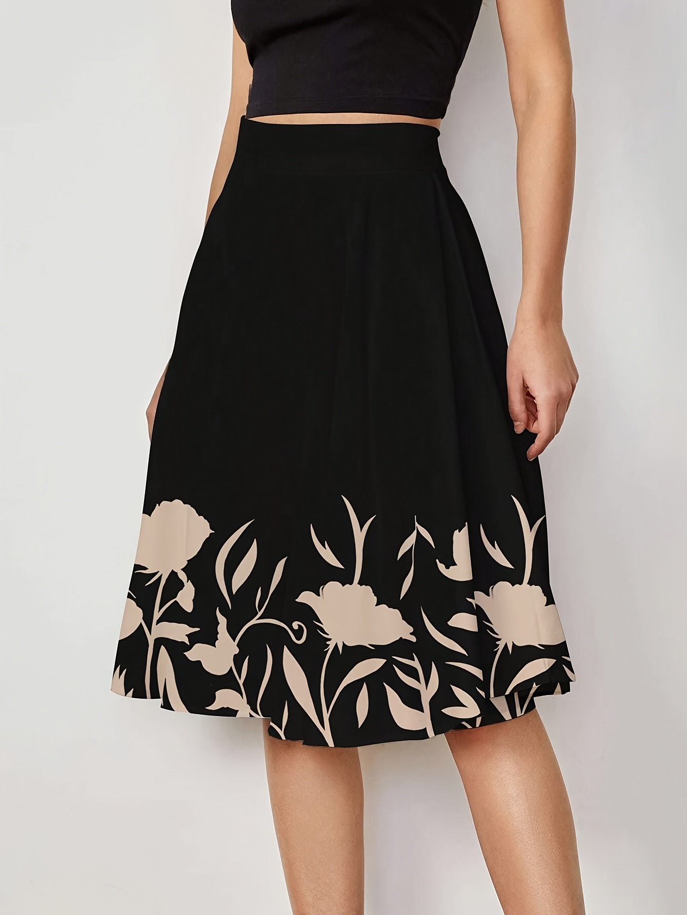 Floral Skirt Outfit Black And White Skirt Knee Length Noble