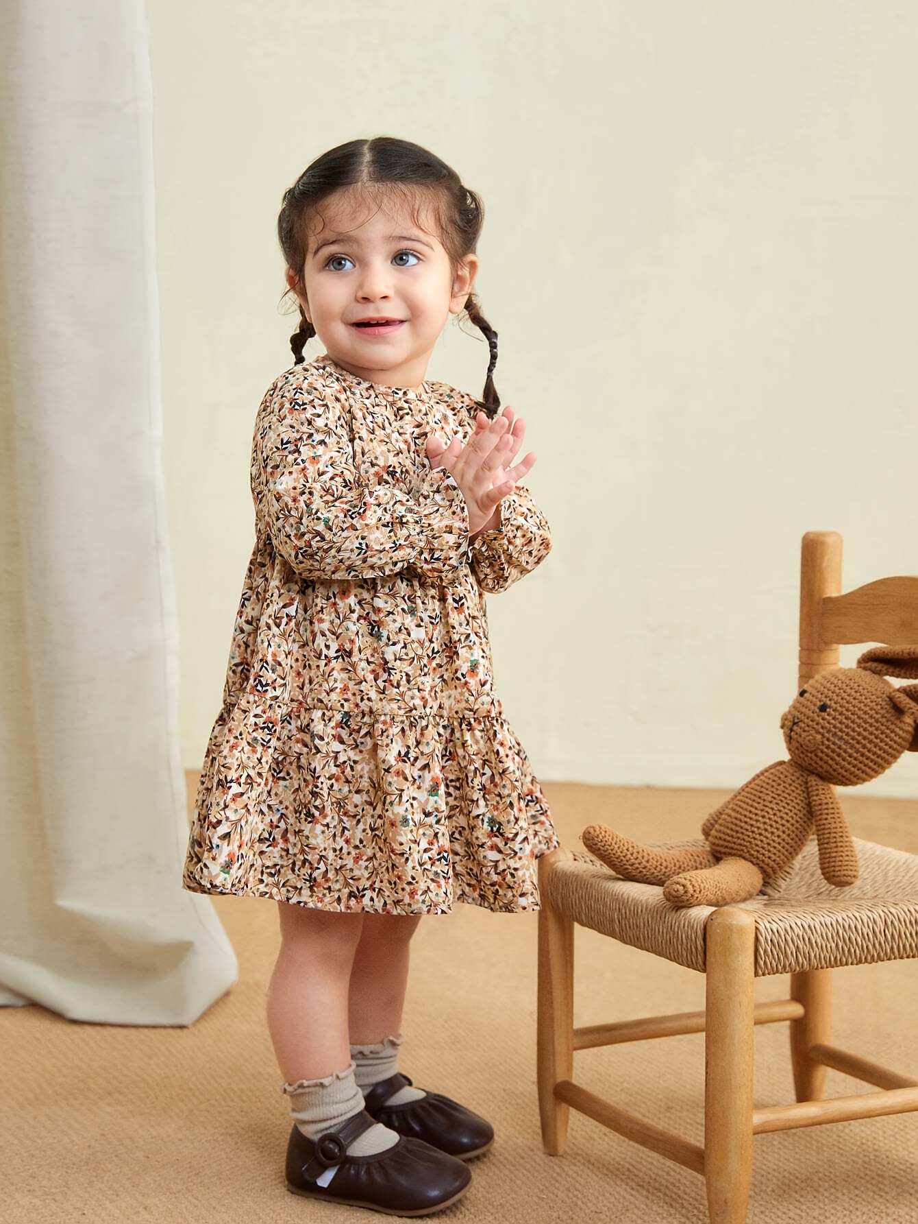 fitted lace wedding dress Toddler Girl Solid Color Button Design Ribbed Long-Sleeve Dress Apricot, Apricot / 3-4 Years main image 1