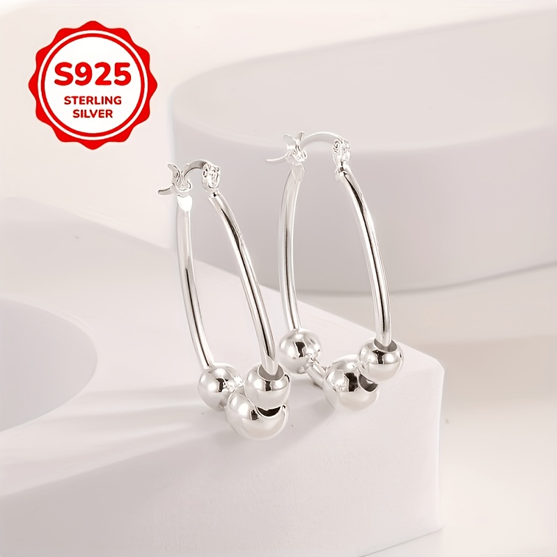 Women's 925 Silvery Fashion Round Bead Hoop Earrings