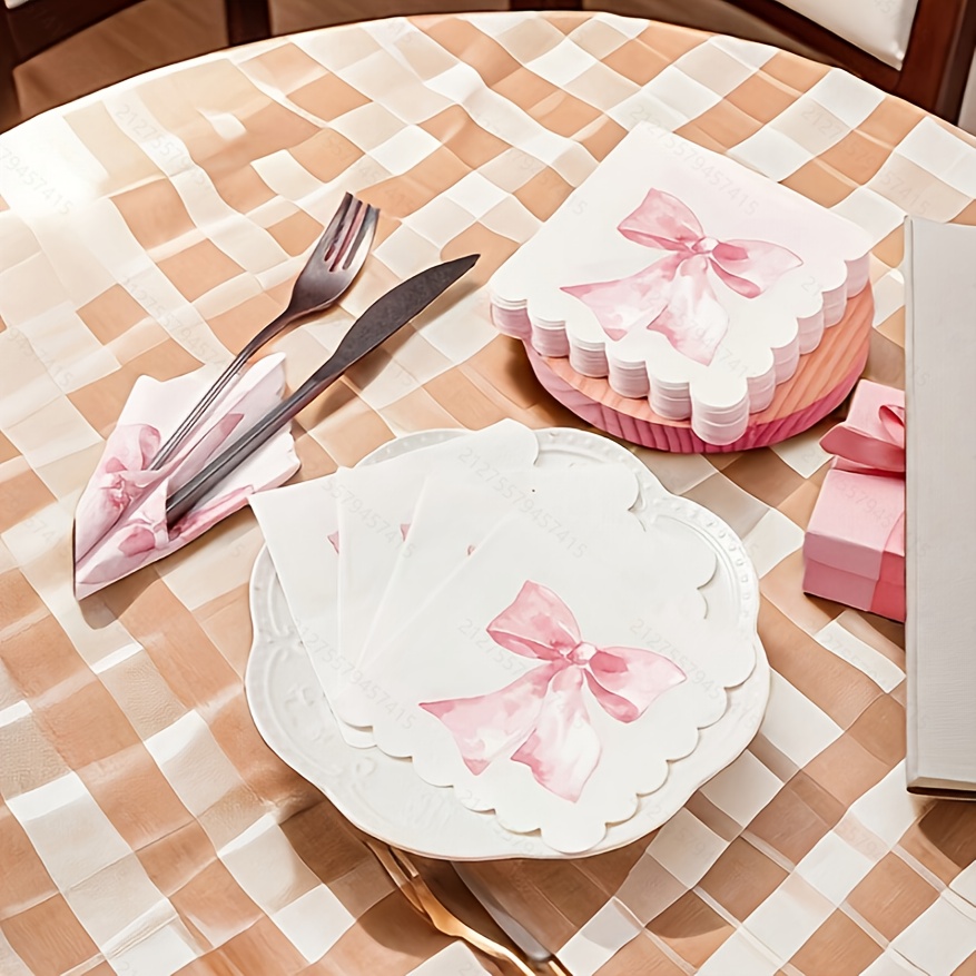 Image of 20pcs, Pink Bow Shaped Napkin, Cute Party Supplies, White Pink Disposable Tissue, Suitable For Bachelorette, Bridal Wedding, Bow-themed Party Decoration, Scalloped Edge Napkin Party Gifts