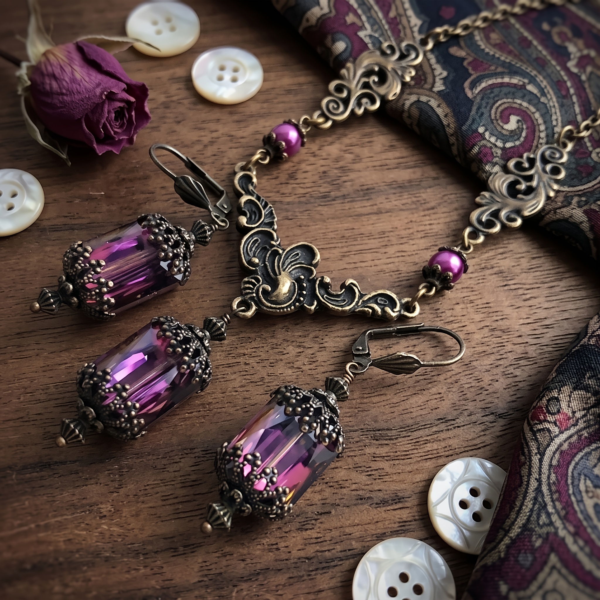 TEMU 3pcs Women's Vintage Victorian-style Necklace And Dangling Earring Set, With Shiny Multi- Beads. An Elegant Bohemian Jewelry Set, Perfect For