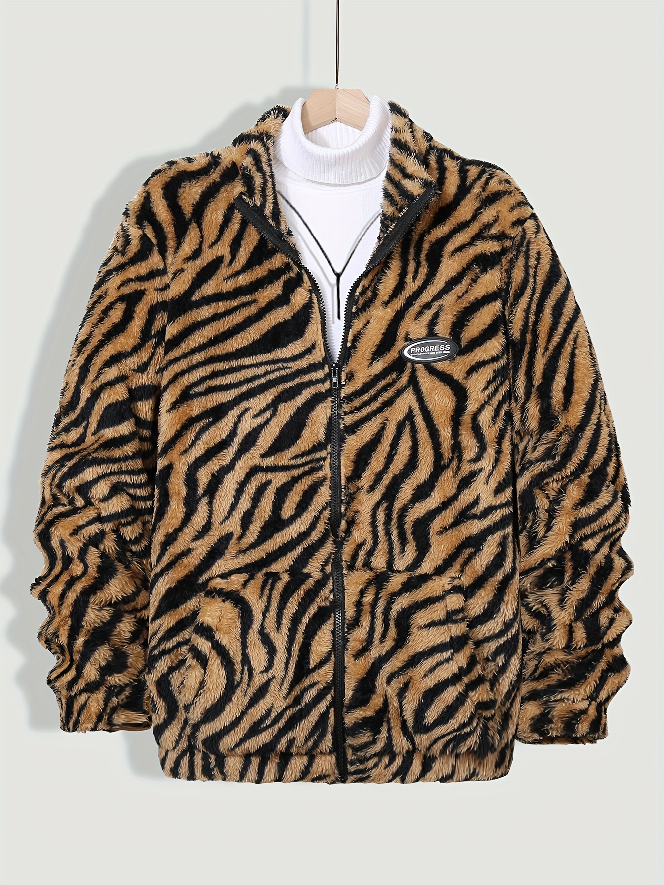 mens leopard print reversible fleece jacket warm thick zip Temu