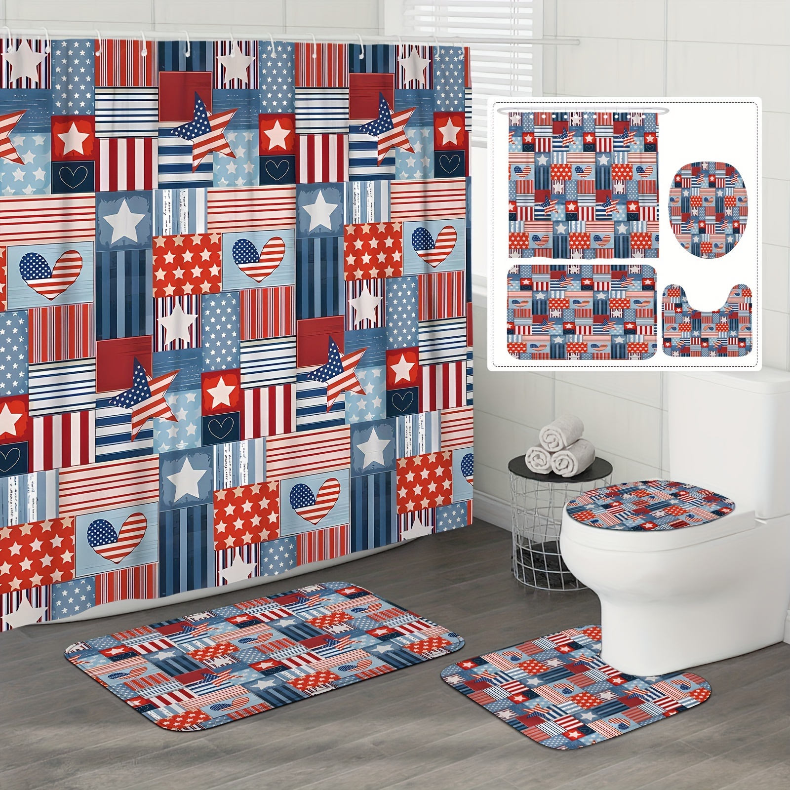 

1/4pcs Star Striped Heart Pattern Shower Curtain Set, Shower Curtain With 12 Hooks, Non-slip Bath Mat, U-shaped Toilet Mat, Toilet Mat, Bathroom Decor Accessories, 4th Of July, Independence Day