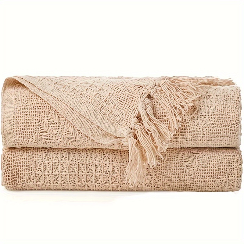 

100% Cotton Decorative Blankets Throw Blanket For Couch Cozy Striped Throw Blankets Knitted With Tassel For Couch, Bed, Sofa, 50 X 60 Inch