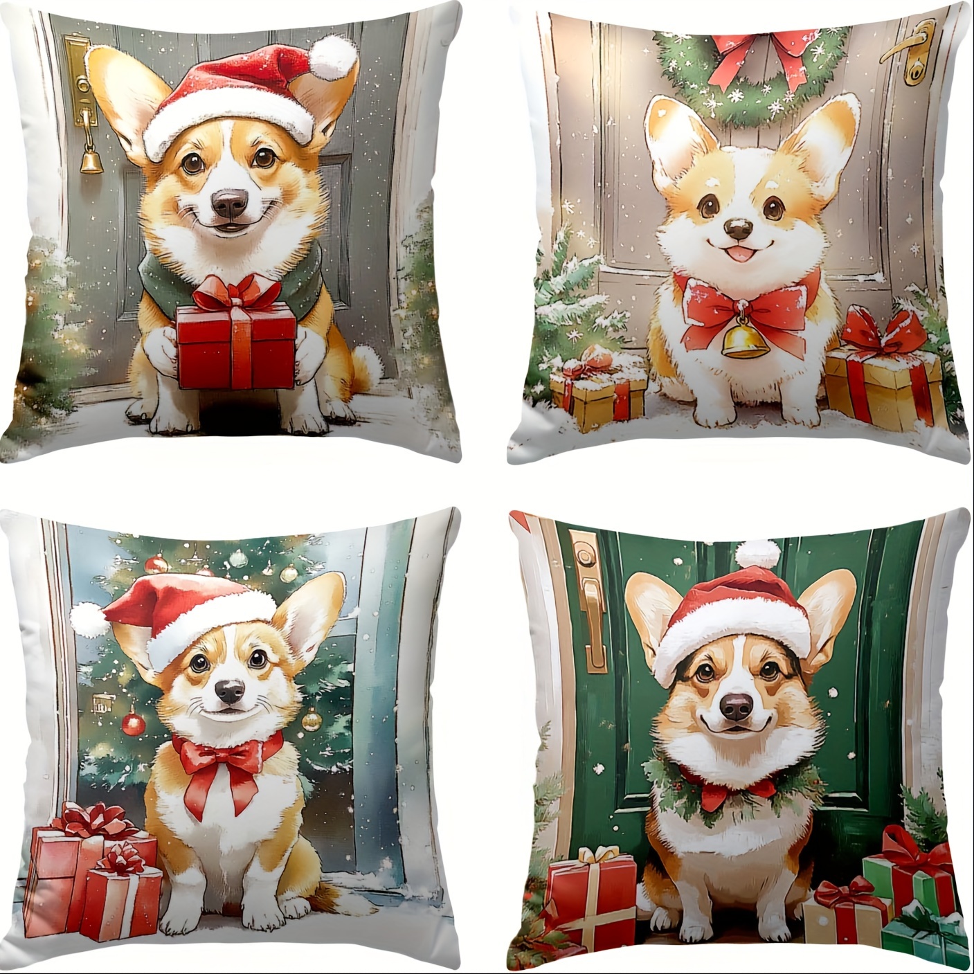 

4- Christmas Cushion Covers, 18x18inch, Pattern, Polyester, Zippered, , For