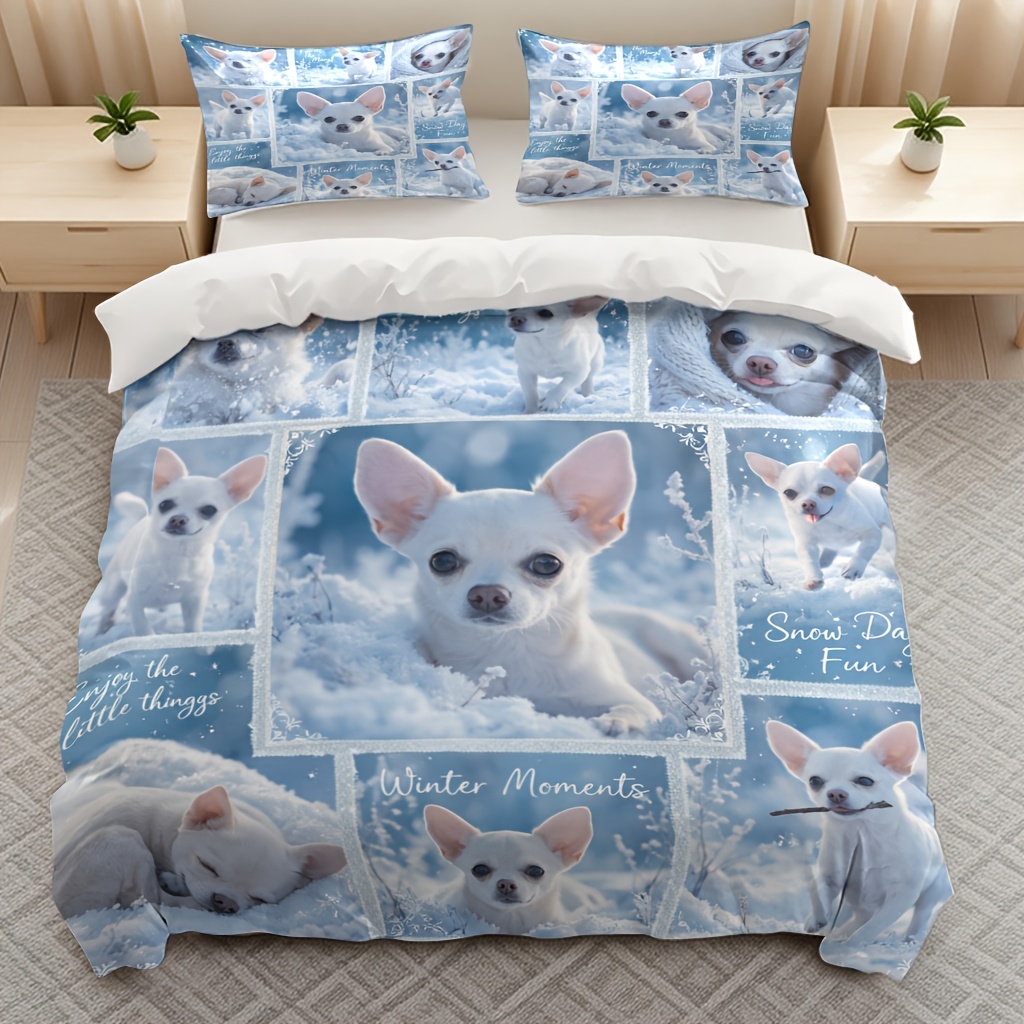 TEMU 2/3pcs Chihuahua In Snow Designed Bedding Duvet Cover Quilt Cover, Trendy Fashionable Soft Bedding (1*duvet Cover And 1/2*pillowcases) With